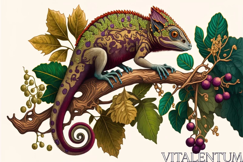 Intricate Chameleon Illustration on a Branch with Purple Leaves and Fruits AI Image