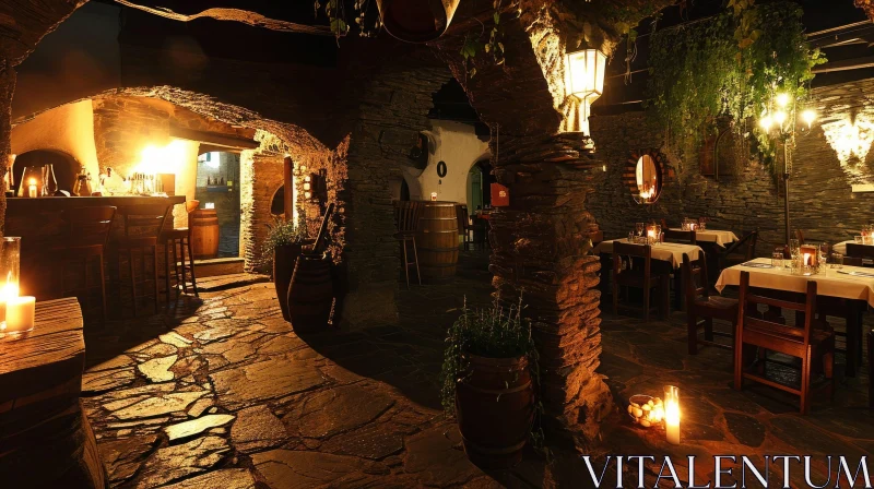 Rustic and Cozy: A Long Room with Stone Walls and Soft Candlelight AI Image
