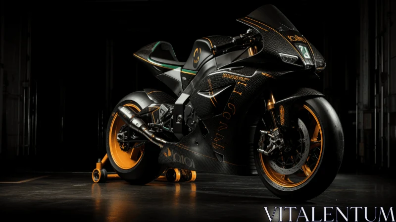 Sleek Black Motorcycle: High-Tech Futurism in Dark Emerald and Gold AI Image