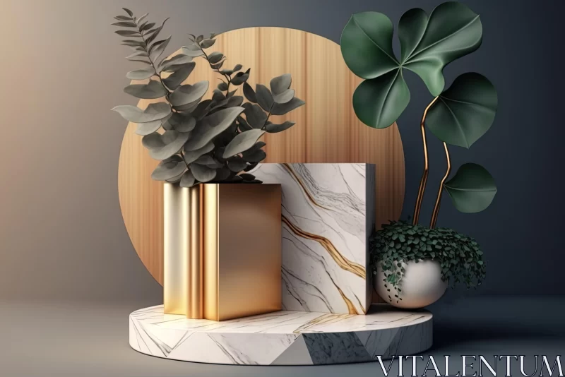 Stylized Marble and Gold Interior with Wooden Vases and Plants AI Image
