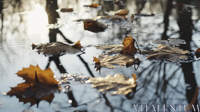 Autumn Leaves Floating on Shallow Pond - Serene Nature Image AI Image