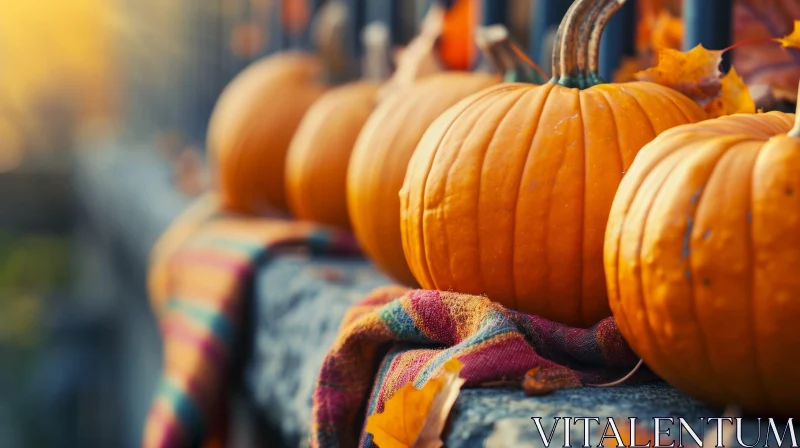 Autumn Still Life: Vibrant Pumpkins on Stone Wall AI Image