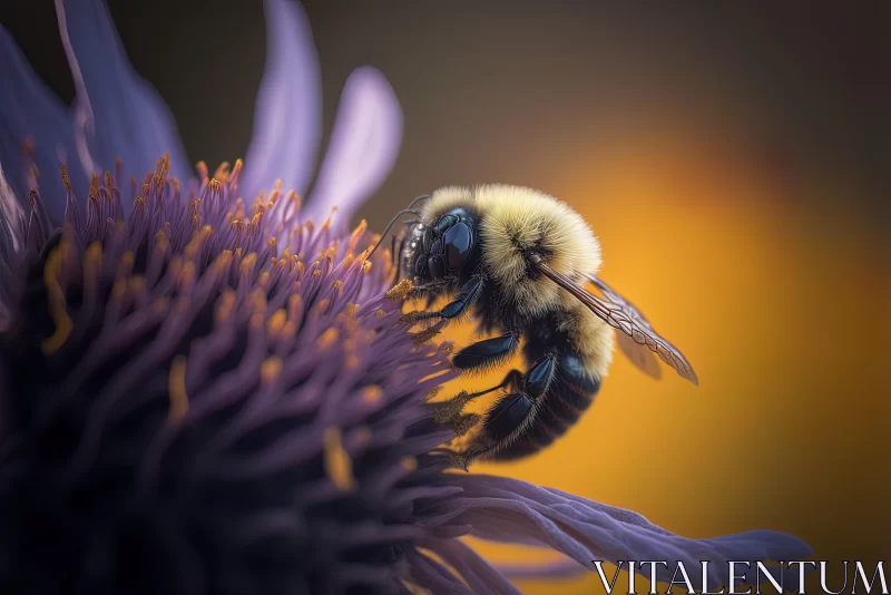 Captivating Bee and Purple Flower Artwork on Orange Background AI Image