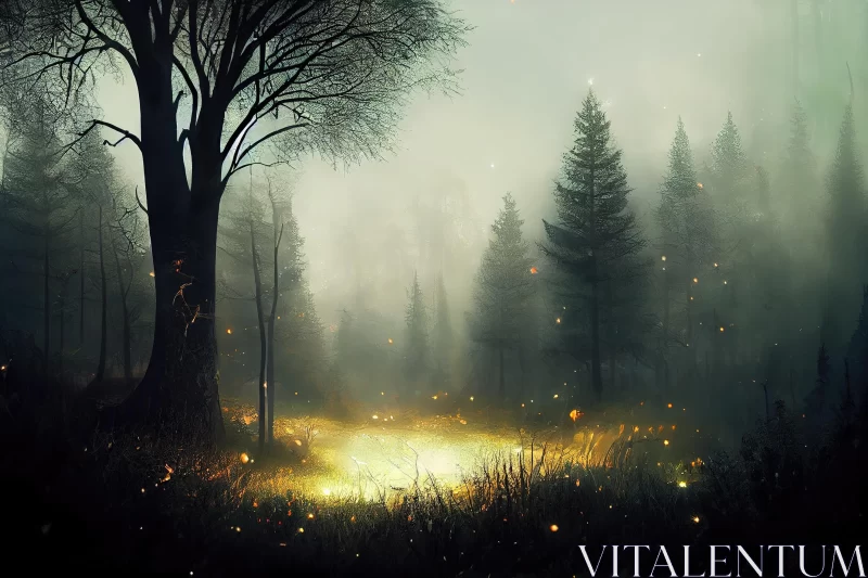 Enchanting Dark Forest with Glowing Trees and Fireflies - Fantasy Illustration AI Image