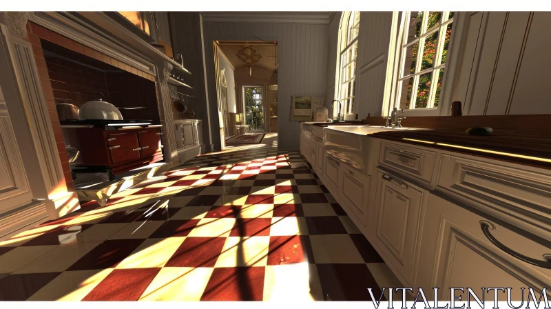 Exquisite Kitchen with Checkered Floor and Fireplace AI Image