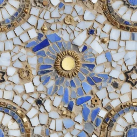Geometric Blue, White, and Gold Mosaic Art