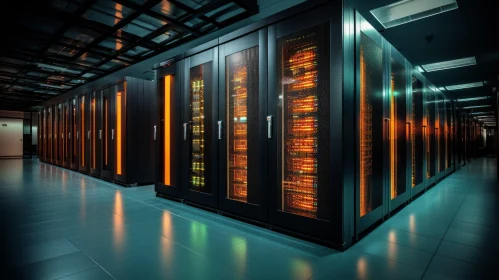 Modern Data Center Room with Server Racks and Bright Lights