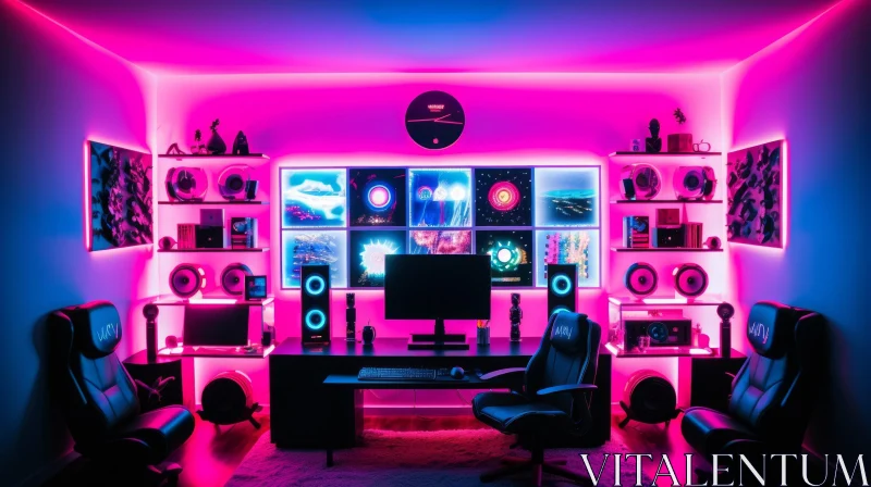 Modern Gaming Room with Neon Lights and Video Games AI Image