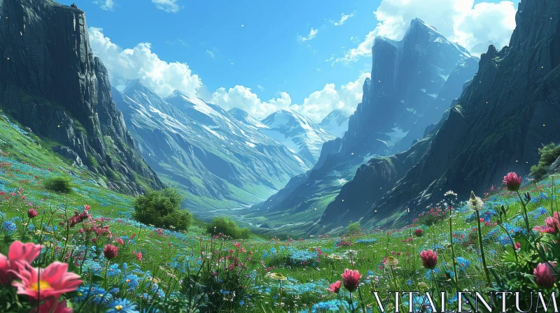 Serene Mountain Valley Landscape with Lush Green Grass and Wildflowers AI Image