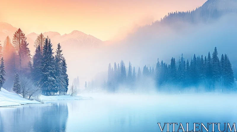 Serene Winter Landscape with Frozen Lake and Mountain Range AI Image