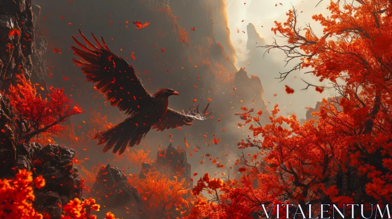 Black Eagle Soaring Through a Vibrant Forest AI Image