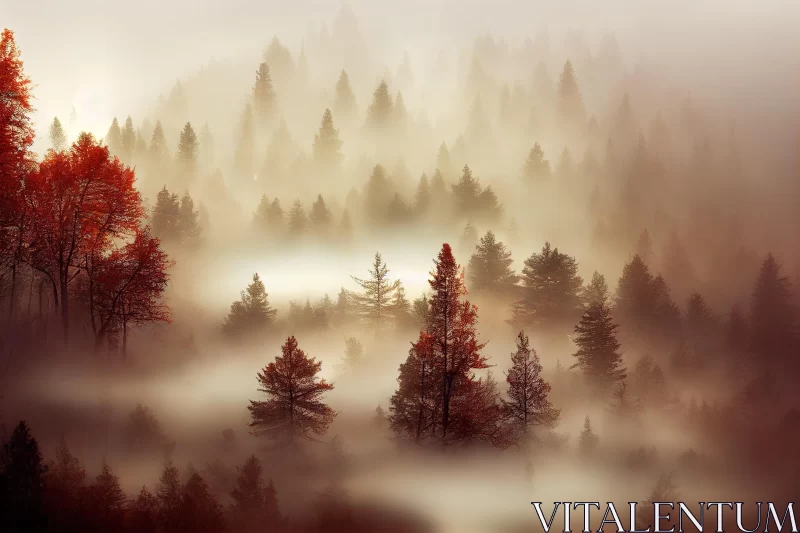 Dreamy Forest Landscape Covered in Fog AI Image