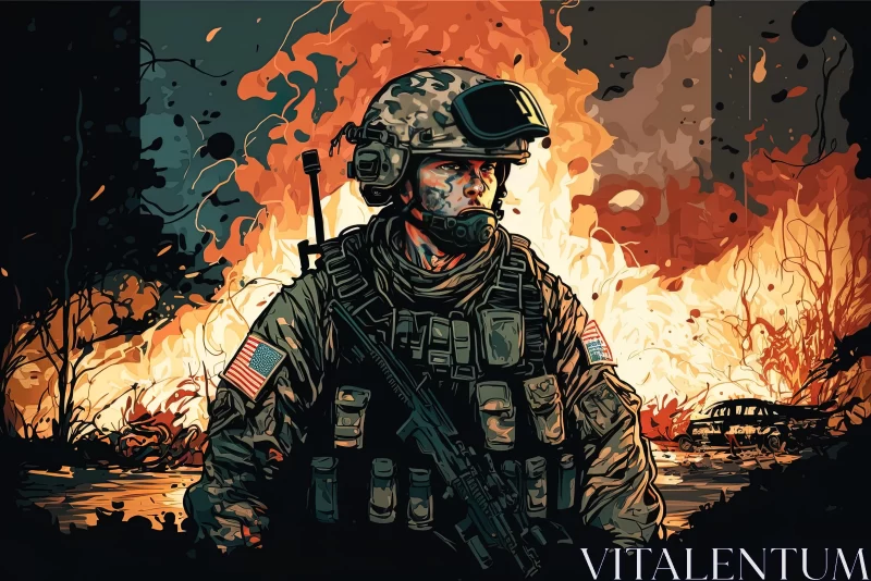 Intense Portraiture of a Soldier in Front of Flames - Comic Book Art AI Image