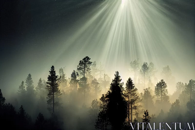 Mesmerizing Star Beams in Misty Forest - Detailed Nature Depiction AI Image