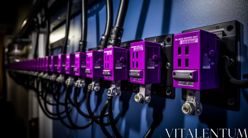 Purple Electrical Sockets on Blue Wall AI Image