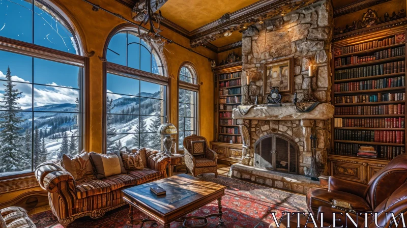 Rustic Living Room with Fireplace and Mountain View AI Image