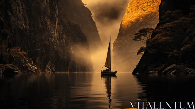 Tranquil Serenity: A Majestic Boat Sailing Through Mountainous Vistas AI Image