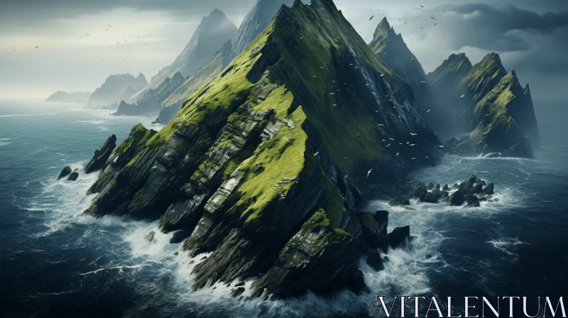 AI ART Captivating Ocean Landscape with Majestic Green Mountain