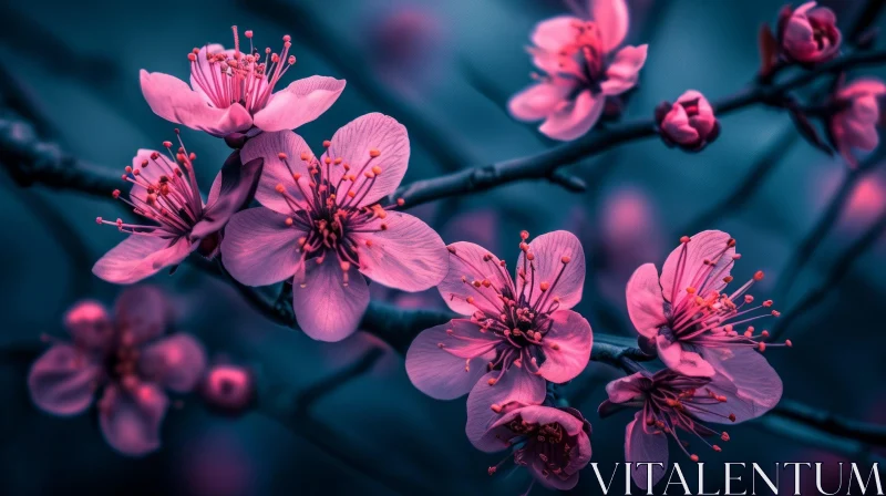 Close-up of Cherry Blossom Branch on Dark Blue Background AI Image