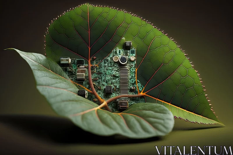 Electronic Leaf with Intricate Parts - A Captivating Blend of Technology and Nature AI Image