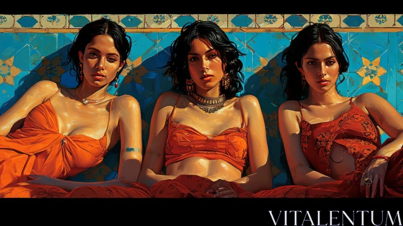 Elegant Painting of Three Women in Orange Dresses | Vibrant Artwork AI Image