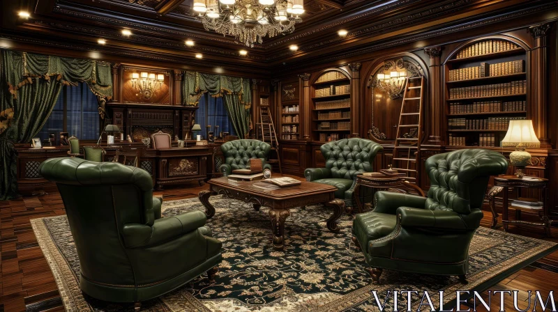 Luxurious Library with Dark Wood Paneling and Marble Fireplace AI Image