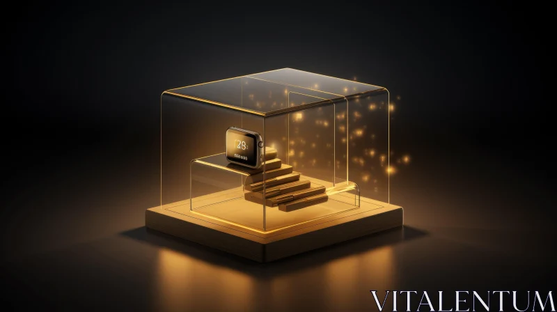 Luxury Smartwatch on Gold Bars in Glass Display Case AI Image