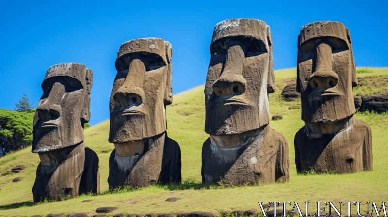Surreal Moai Heads on Grass Hill - Revived Historic Art Forms AI Image