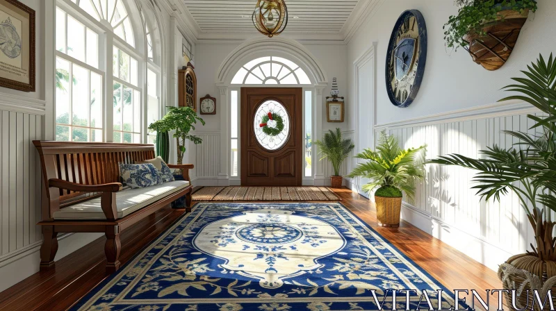 Warm and Inviting Interior Entryway with Brown Wooden Door AI Image