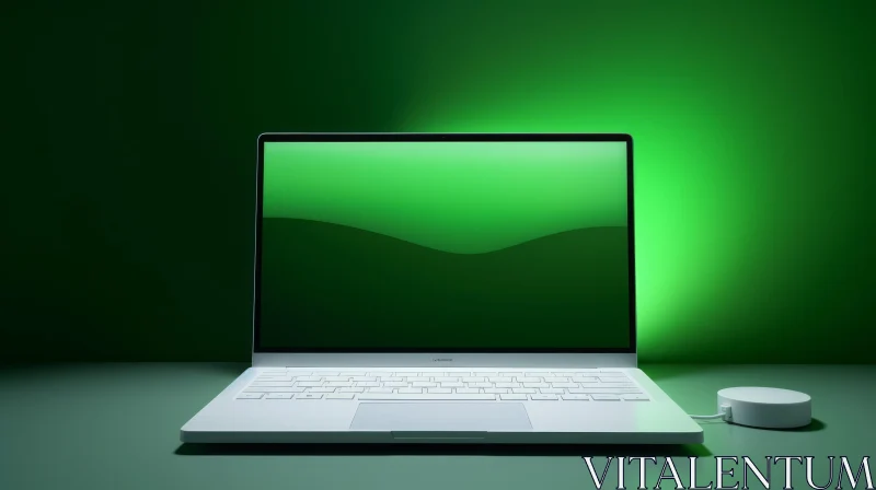 White Laptop and Wireless Mouse on Green Background AI Image