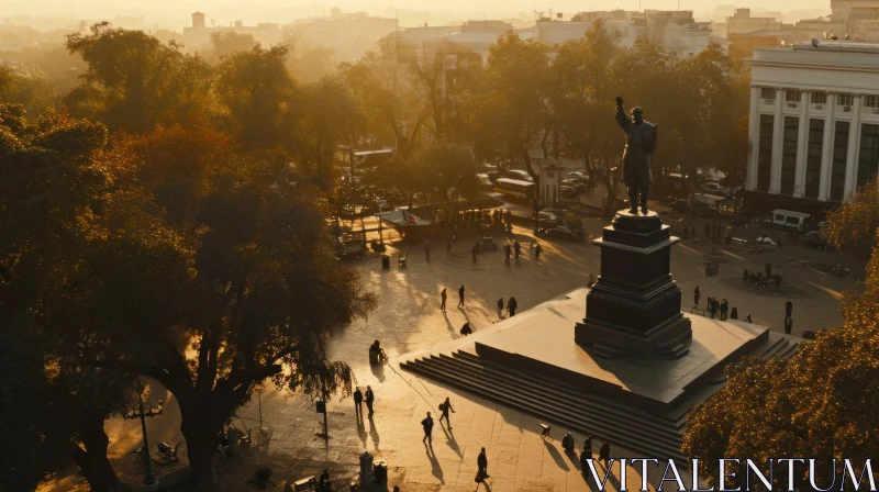Aerial View of City Square with Statue, Trees, and People AI Image