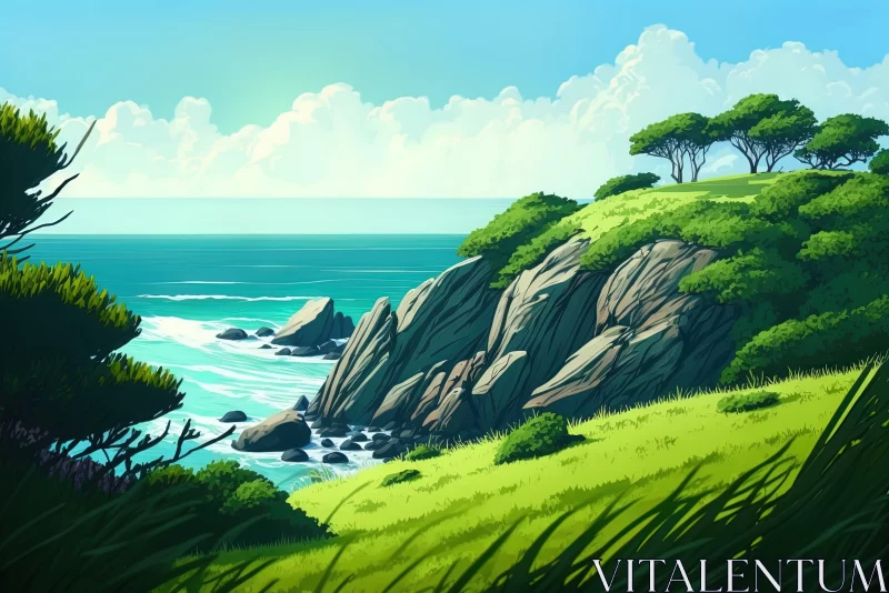 Breathtaking Ocean View Landscape Painting - Hyper-Detailed and Whimsical Wilderness Style AI Image