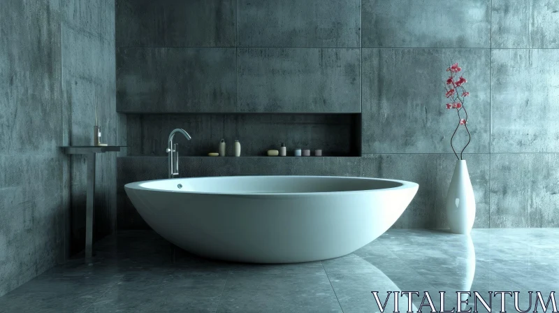 Contemporary Bathroom with White Bathtub and Orchid AI Image
