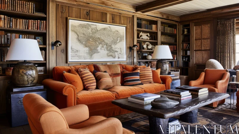 Cozy and Inviting Living Room with Dark Wood and Orange Velvet AI Image
