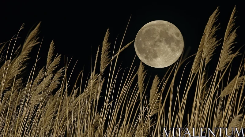 Full Moon Rising Over a Field of Tall Grass - Serene Landscape Photo AI Image