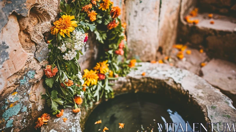 Serene Stone Fountain with Orange and Yellow Marigolds AI Image