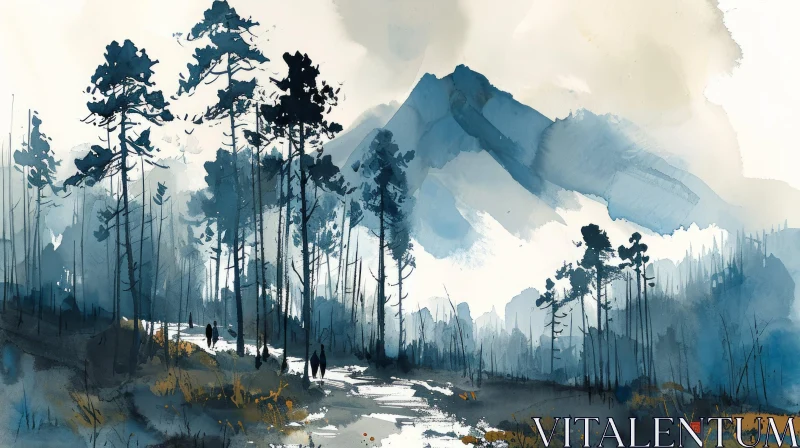 Watercolor Painting: Serene Mountain Landscape AI Image
