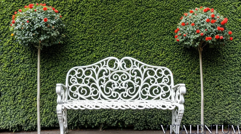 White Metal Bench in a Garden | Rose Bushes, Green Hedge AI Image