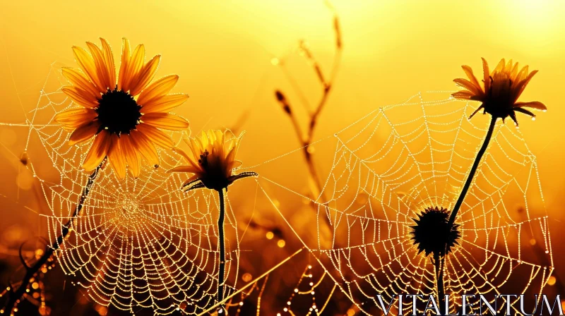 Delicate Spider Web in Morning Dew with Sunflowers AI Image