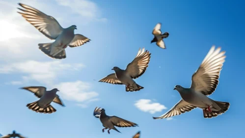 In Flight: A Captivating Moment of Pigeons Soaring in the Sky