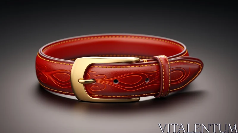 AI ART Red Leather Belt with Gold Buckle - Floral Pattern Design