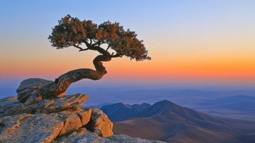 Serene Landscape Photograph of a Lonely Tree on a Rocky Cliff