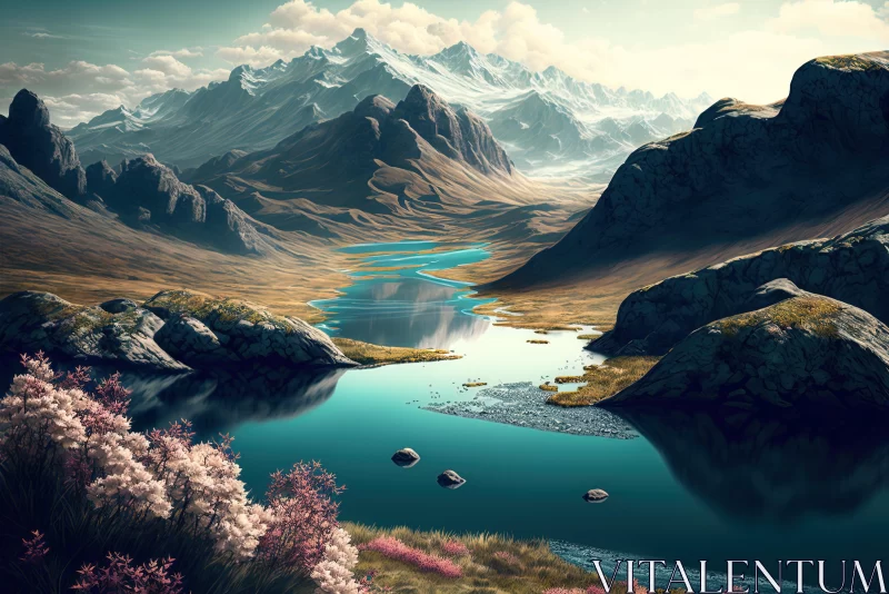 Serene River and Majestic Mountains: A Detailed Fantasy Artwork AI Image