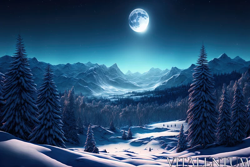 Snowy Landscape with Moon and Forest | Hyper-Detailed Realistic Art AI Image