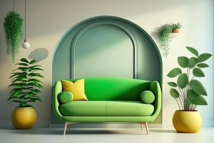 Vibrant Green Sofa with Plants: A Quirky and Elegant Interior Design