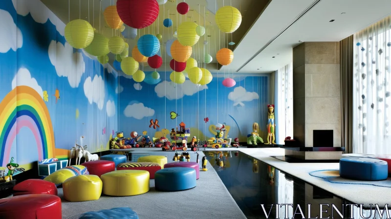 Whimsical Children's Playroom with Cloud-Themed Wallpaper AI Image
