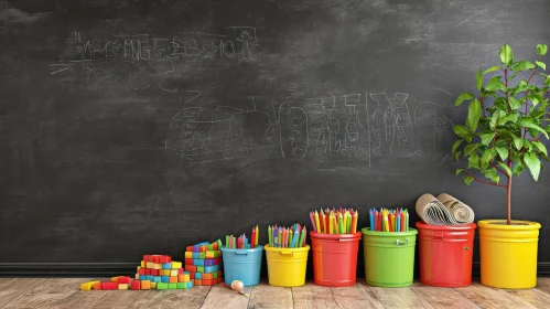 Enchanting Blackboard Composition with Colorful Buckets and a Potted Plant
