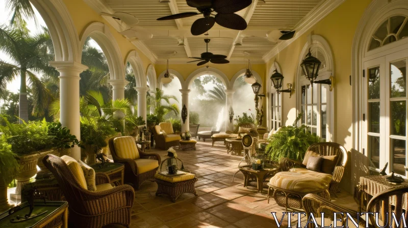 Enchanting Sunlit Patio with Tile Floor and Arched Openings AI Image