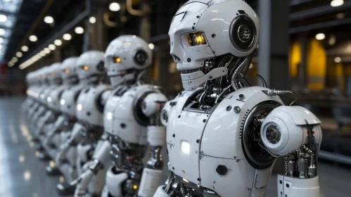 Enigmatic Row of Humanoid Robots in a Factory Setting