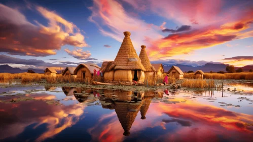 Exotic Fantasy Landscape: Village of Huts Reflecting on Pond at Sunset